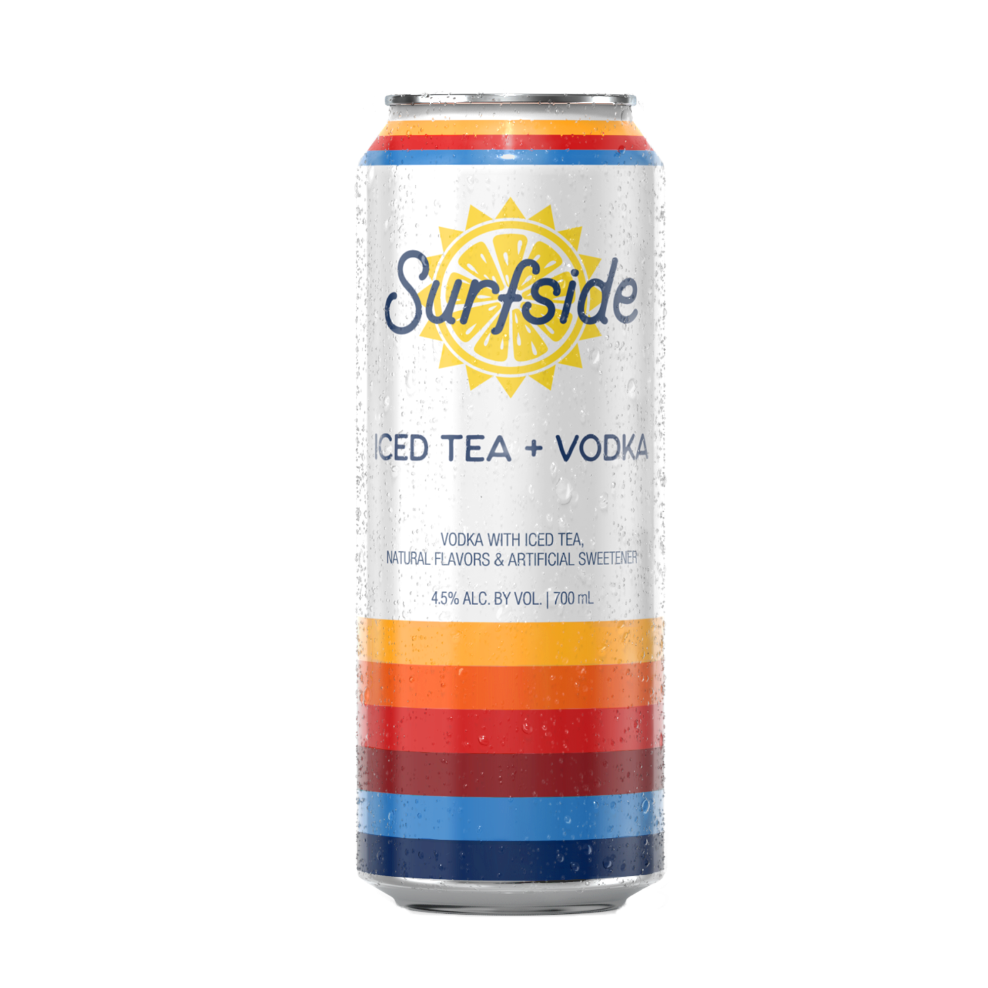 Can of Surfside Iced Tea and Vodka 700 mL with stripes and a Surfside logo featuring text about natural flavors and sweeteners, 4.5 alcohol by volume, and 700mL on a white background