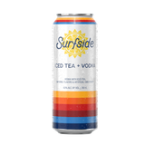 Can of Surfside Iced Tea and Vodka 700 mL with stripes and a Surfside logo featuring text about natural flavors and sweeteners, 4.5 alcohol by volume, and 700mL on a white background
