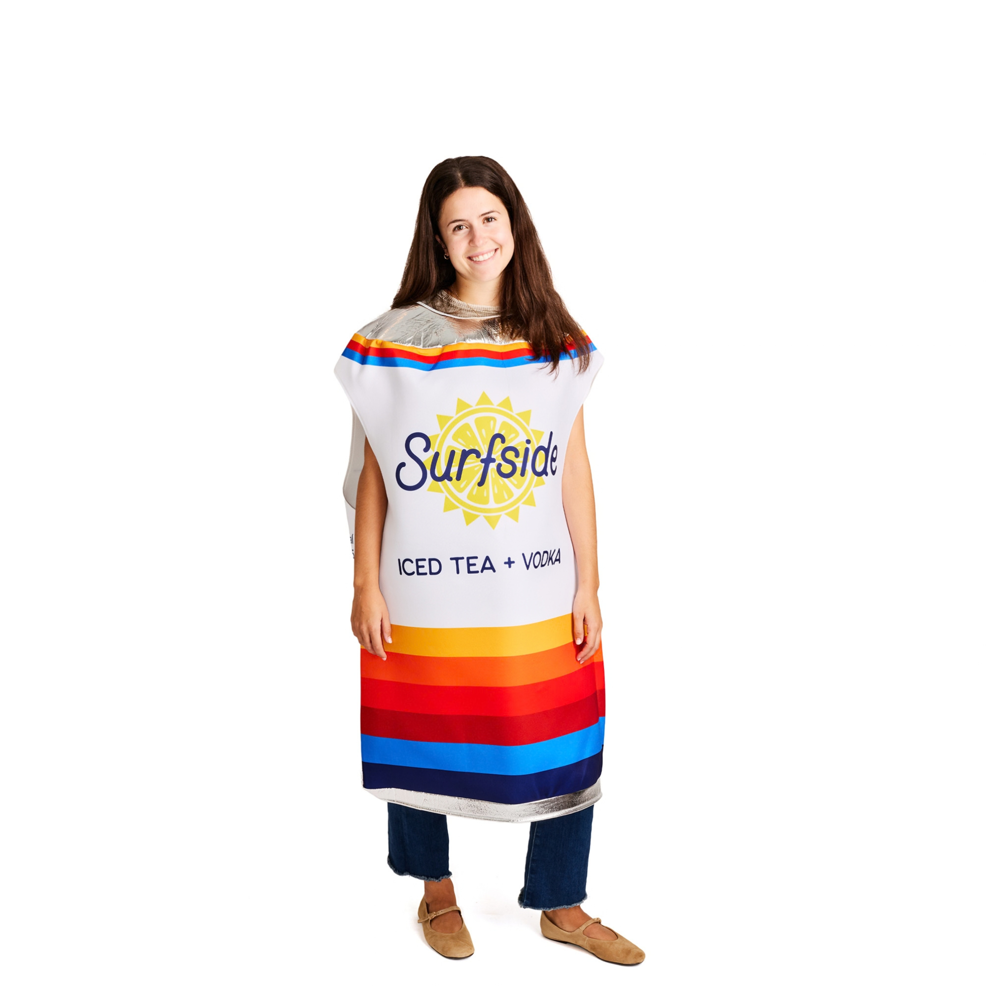 Girl wearing a can shaped Surfside Iced Tea + Vodka costume. The costume show cases Surfside's exact can brand elements and the Surfside sun logo