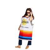 Girl wearing a can shaped Surfside Iced Tea + Vodka costume. The costume show cases Surfside's exact can brand elements and the Surfside sun logo