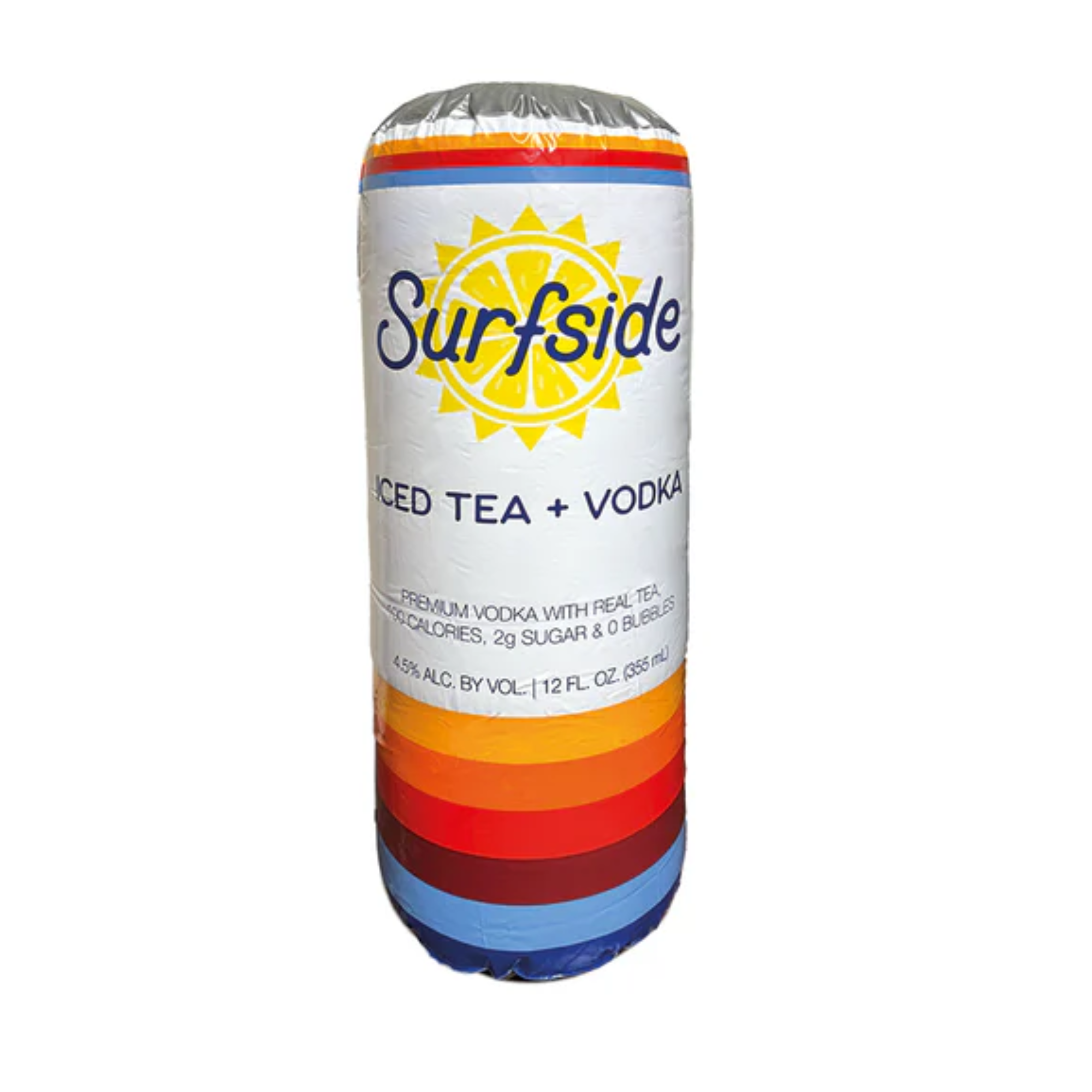 Surfside Iced Tea and Vodka can shaped pool inflatable with the Surfside logo and can call outs on a white background