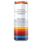 Back of the Iced Tea and Vodka can with a colorful stripped design. "Proudly Made by Stateside Vodka" logo near the top of the can laying on a white background