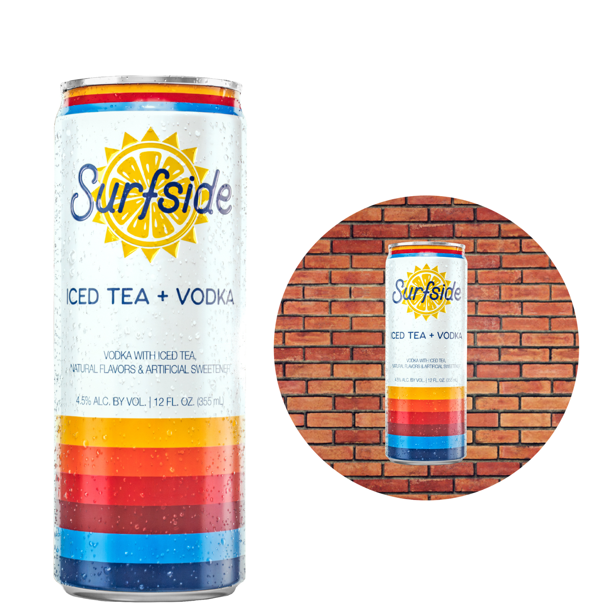 A metal sign tin tacker with a can of Surfside Iced Tea + Vodka, featuring a colorful design with blue, orange, and yellow stripes and a sun motif.