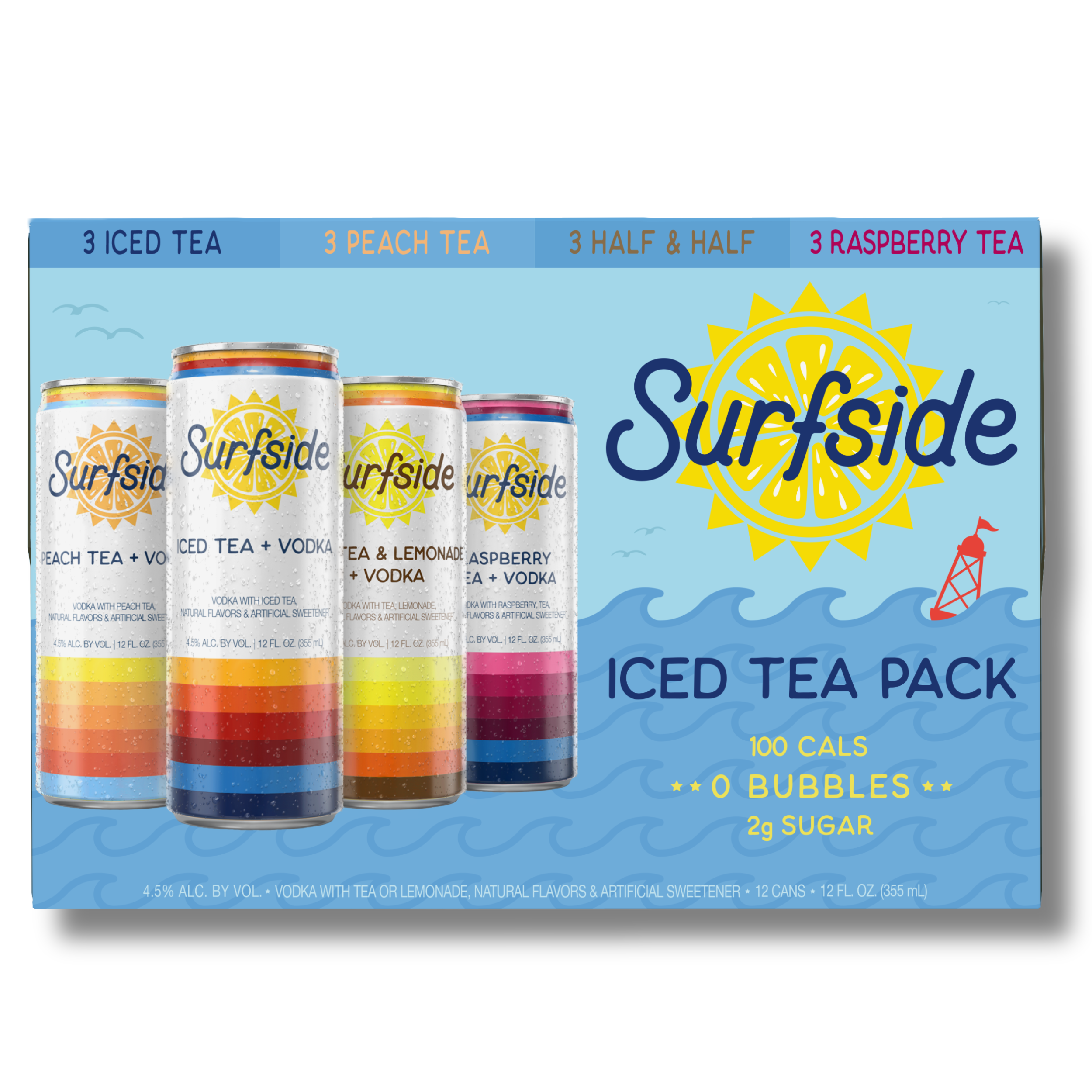 Surfside Iced Tea and Vodka Variety 12 Pack featuring the Surfside logo, the 4 various flavors in the pack, 100 calories, 0 bubbles and 2 grams of sugar. The pack features a water design with a lighthouse on a white background 