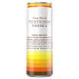 Back of the Iced Tea and Lemonade and Vodka can with a colorful stripped design. "Proudly Made by Stateside Vodka" logo near the top of the can laying on a white background