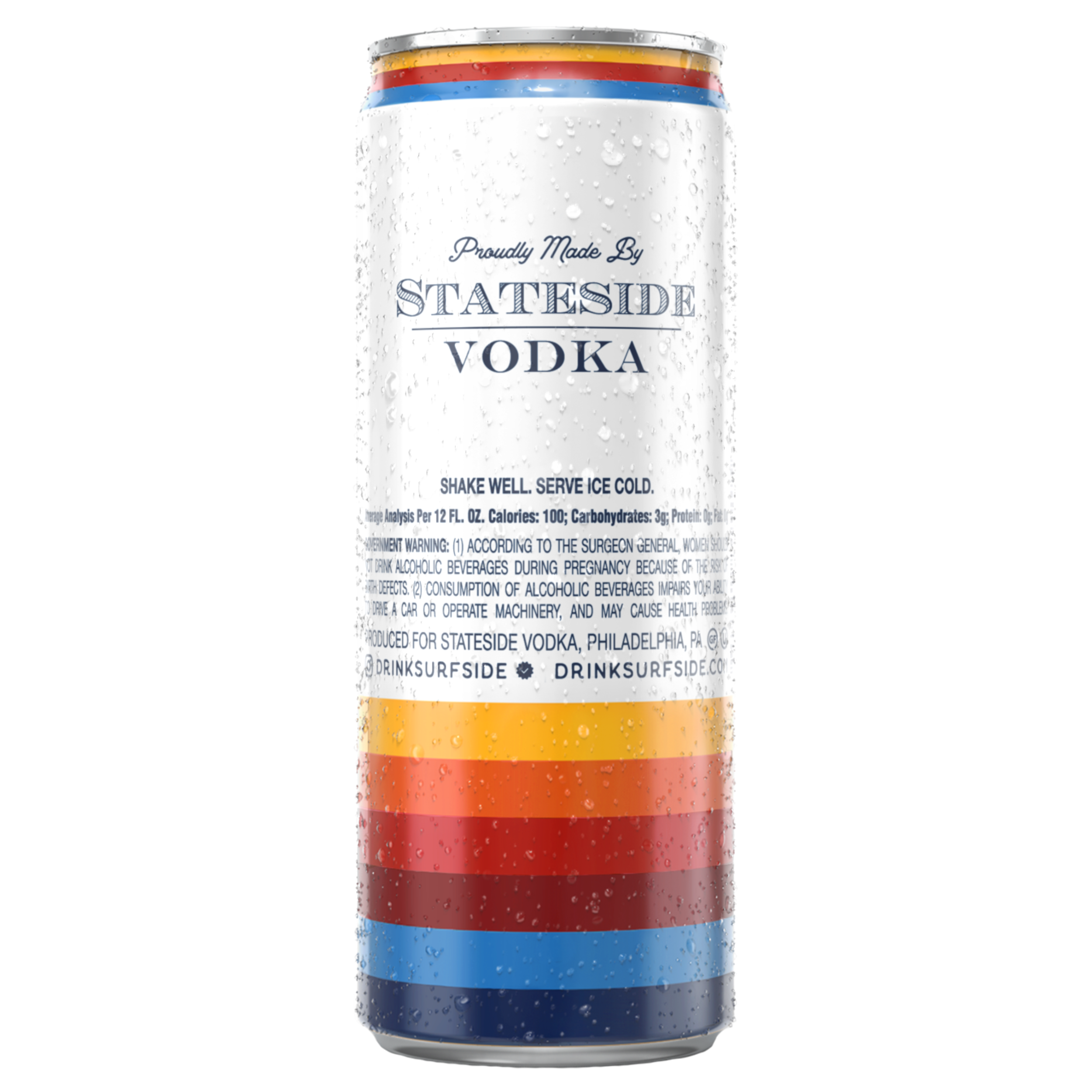 Back of the Iced Tea and Vodka can with a colorful stripped design. 