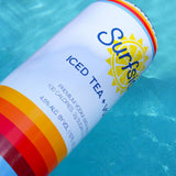 Surfside Iced Tea and Vodka can shaped pool float floating in a pool.