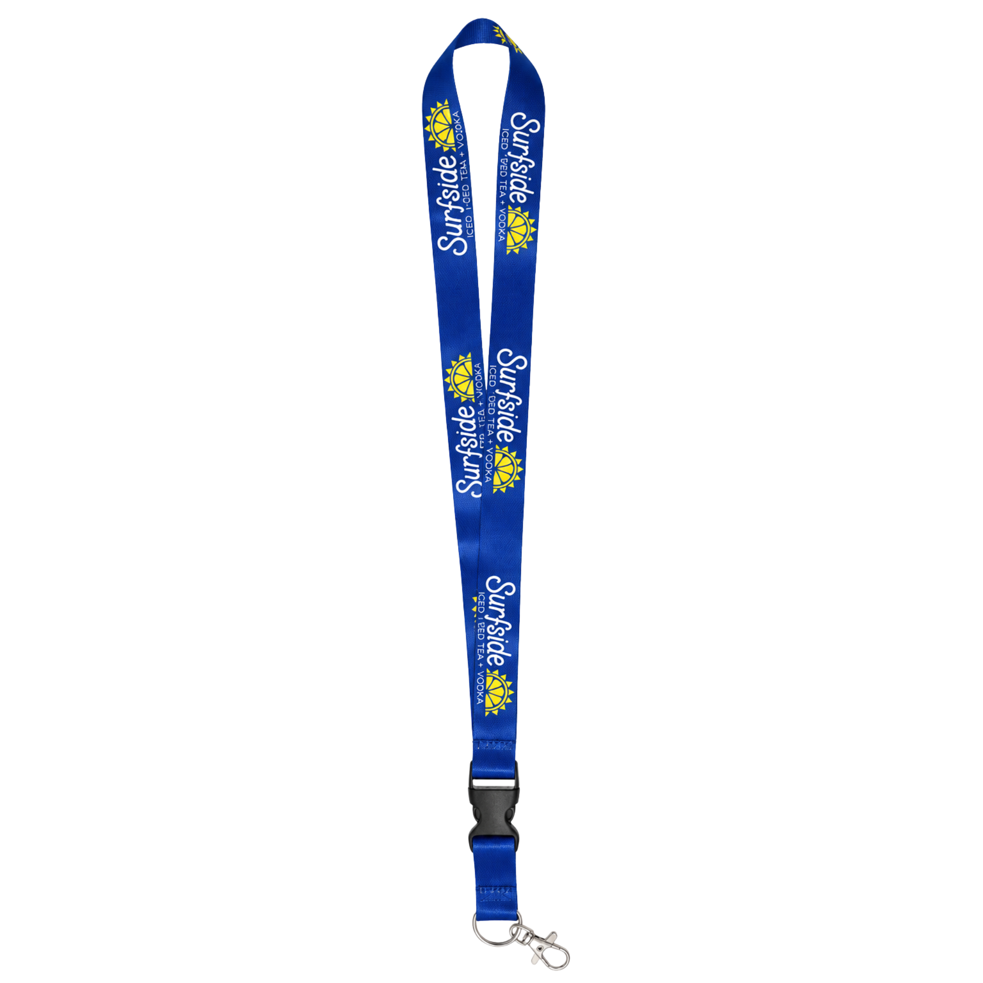 A royal blue lanyard with a repeating white 'Surfside' logo and yellow sun graphic, featuring a black plastic buckle and a silver metal clasp at the bottom, shown on a plain white background.