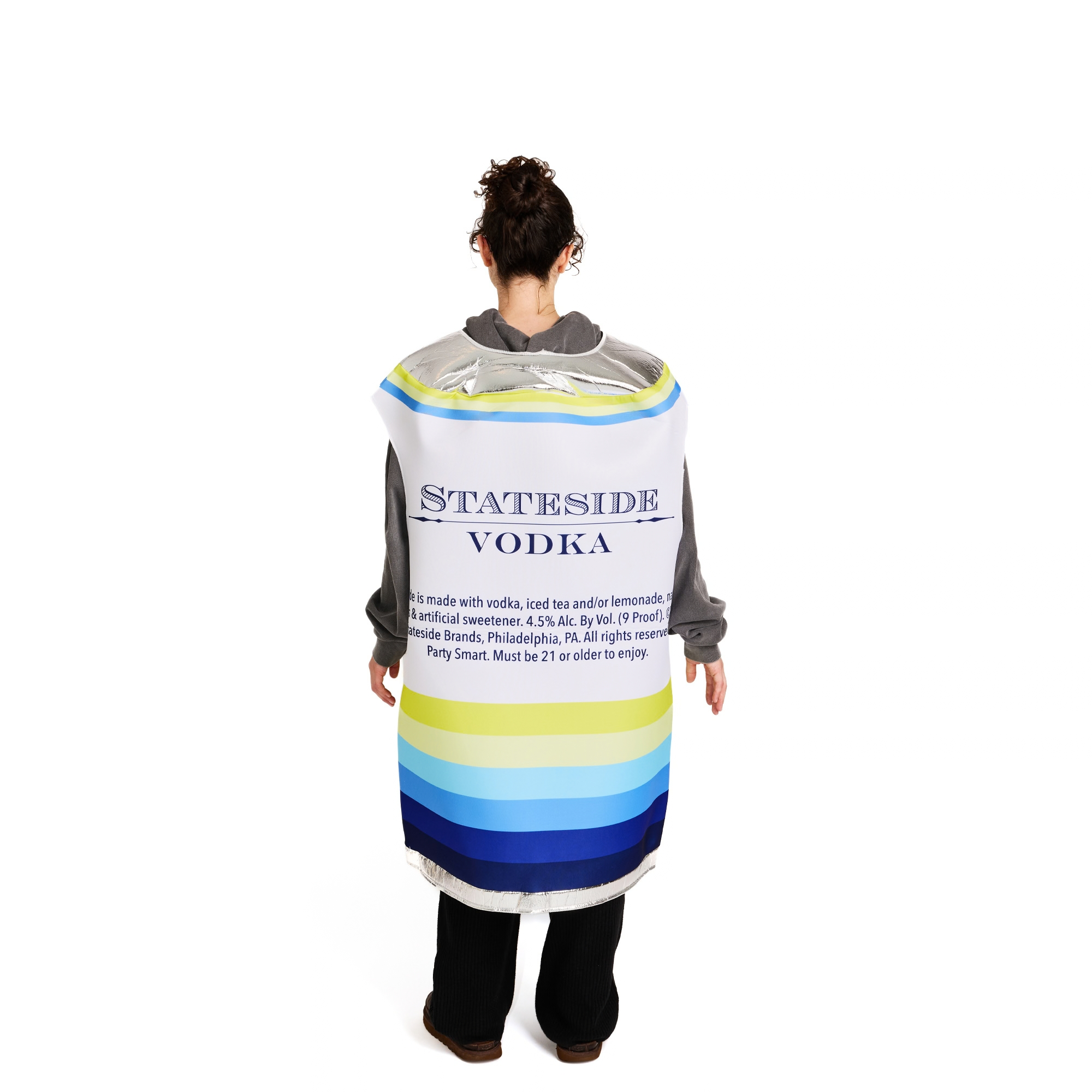 The back of the can shaped Lemonade costume show casing brand and can elements.
