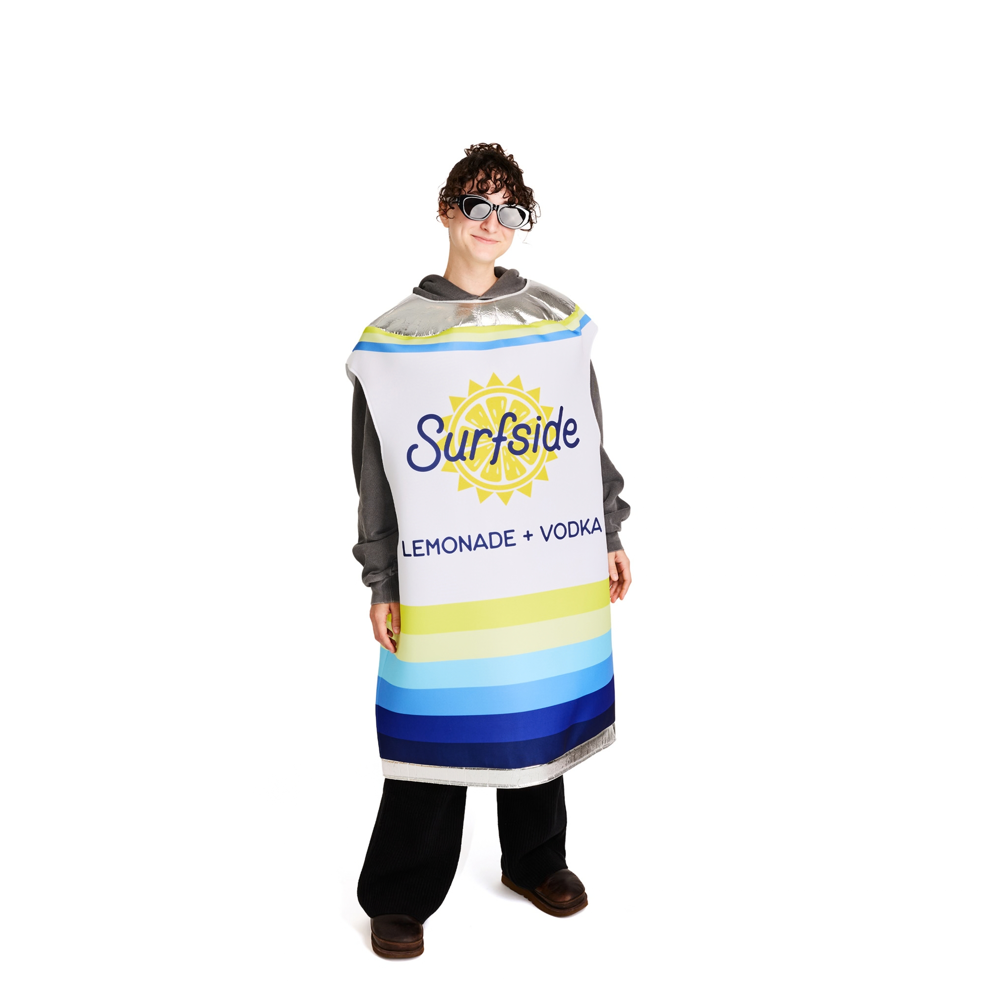 Girl wearing a can shaped Surfside Lemonade + Vodka costume. The costume show cases Surfside's exact can brand elements and the Surfside sun logo