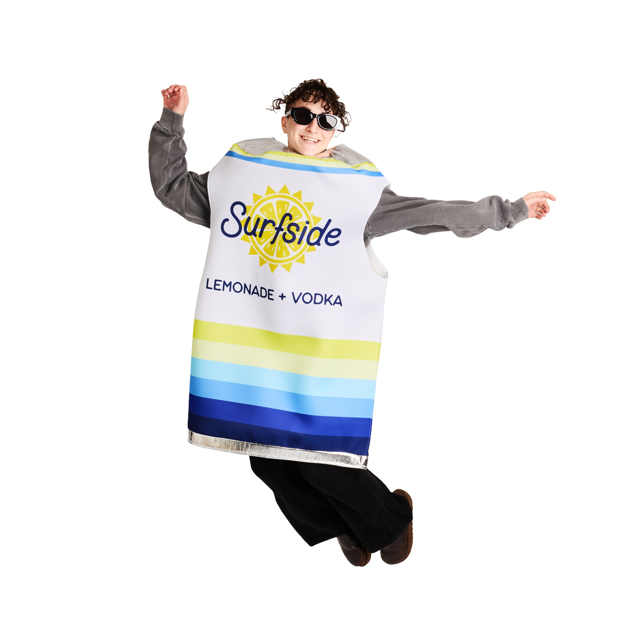 Girl wearing a can shaped Surfside Lemonade + Vodka costume. The costume show cases Surfside's exact can brand elements and the Surfside sun logo