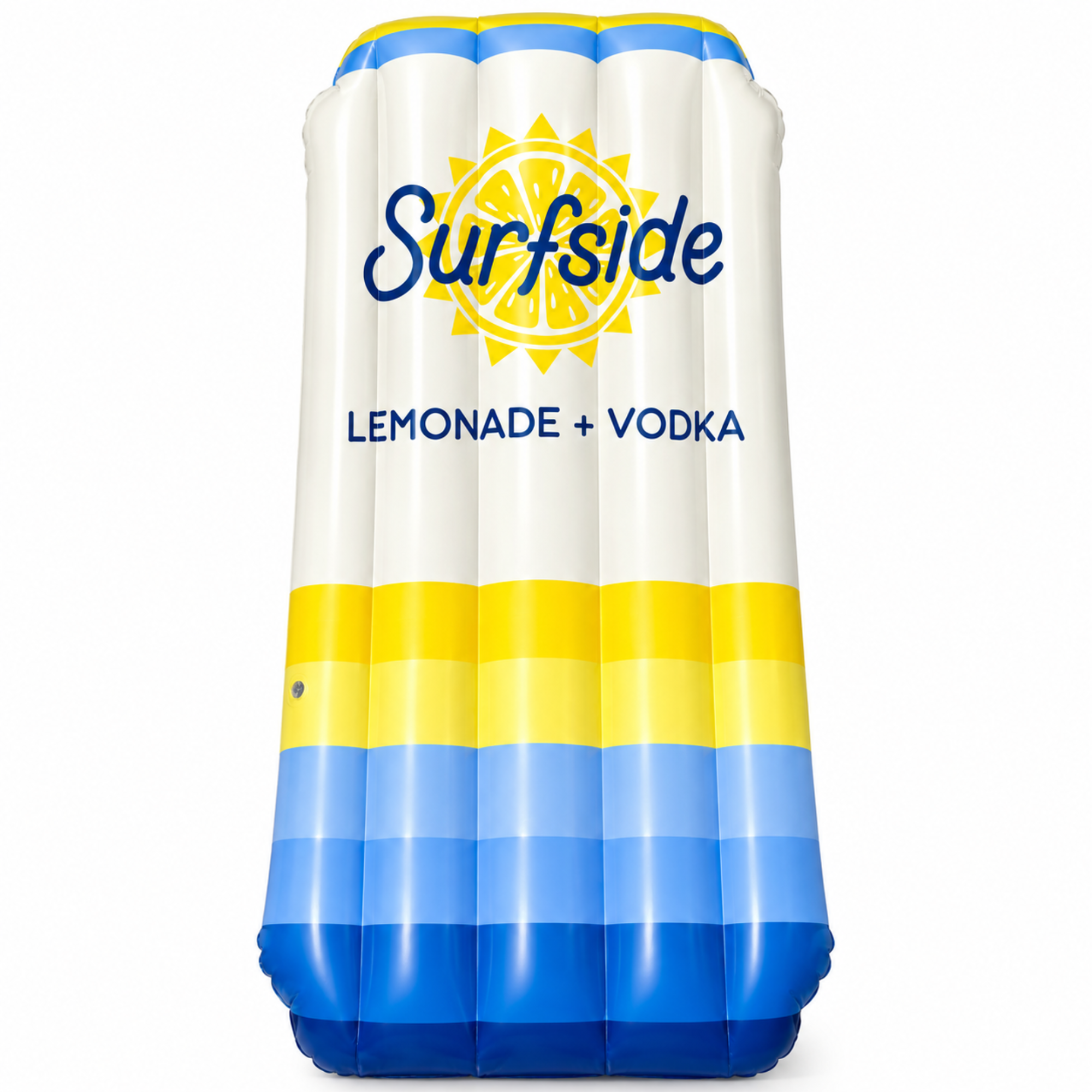 Inflatable pool float with 'Surfside Lemonade + Vodka' branding on a white background