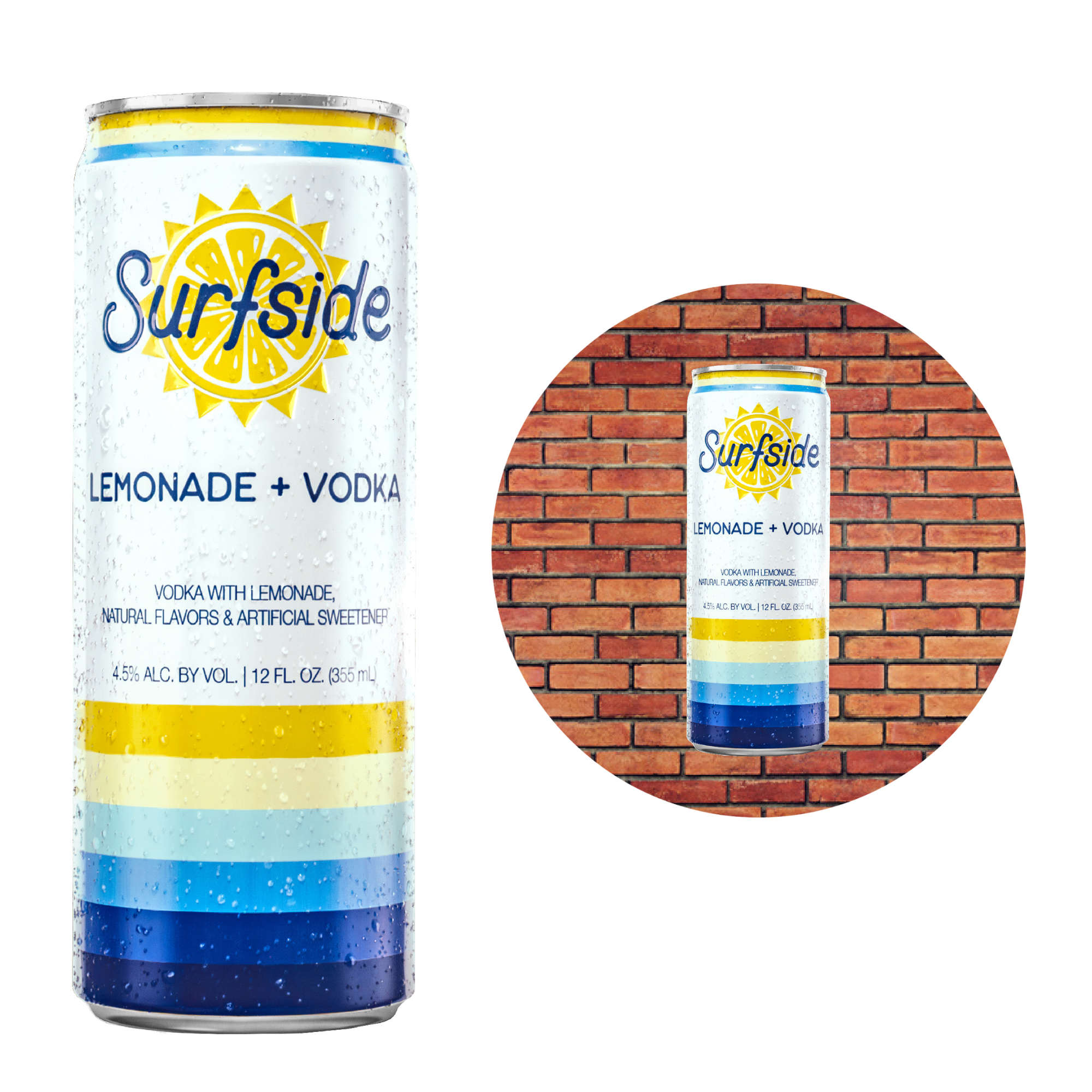 A metal sign tin tacker with a representation of a Surfside Lemonade and Vodka can with blue and yellow colors and the text 'Surfside Lemonade + Vodka'. The sign is depicted against a brick wall background.