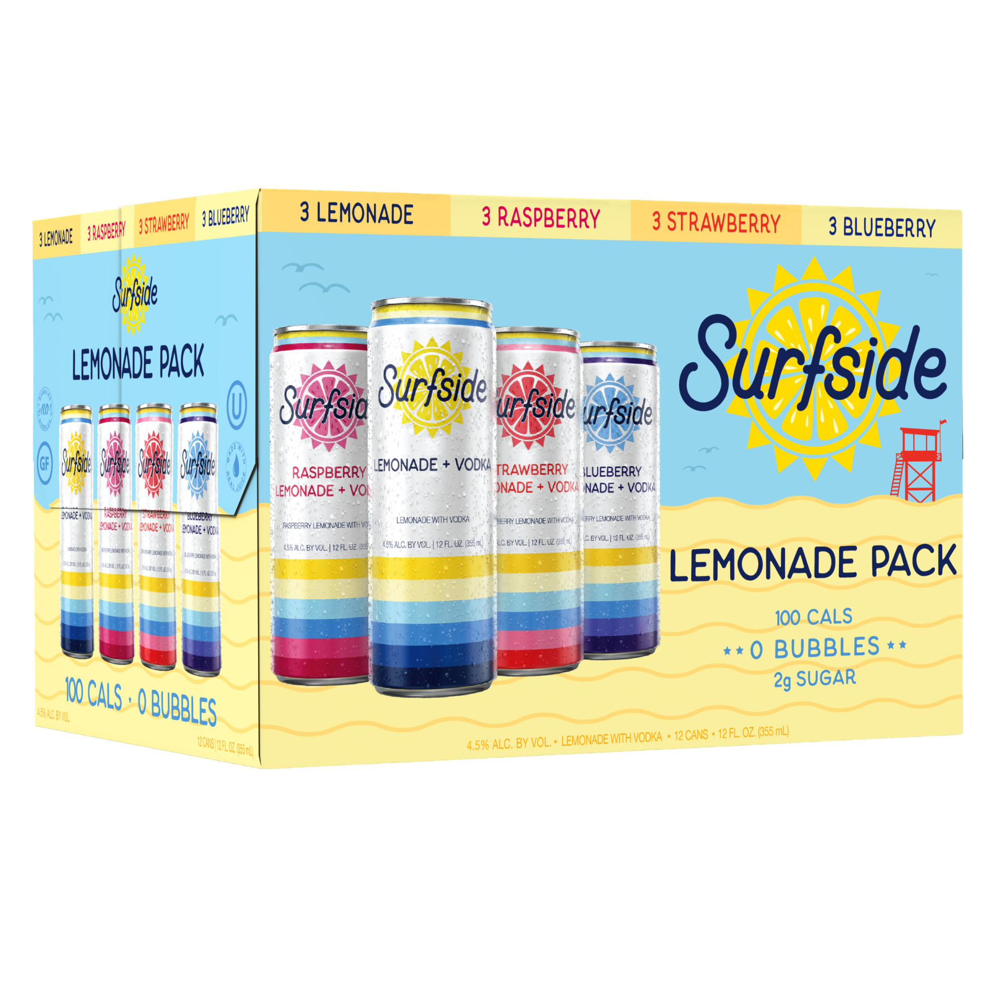 Surfside Lemonade and Vodka Variety 12 pack with flavors of Raspberry Lemonade and Vodka, Lemonade and Vodka, Strawberry Lemonade and Vodka, and Blueberry Lemonade and Vodka. Box shows three of each of the flavors for the 12 pack a surfside logo, 100 calories, 0 bubbles and 2 grams of sugar on a beach design scene with a New Flavor of Blueberry Lemonade text on a white background