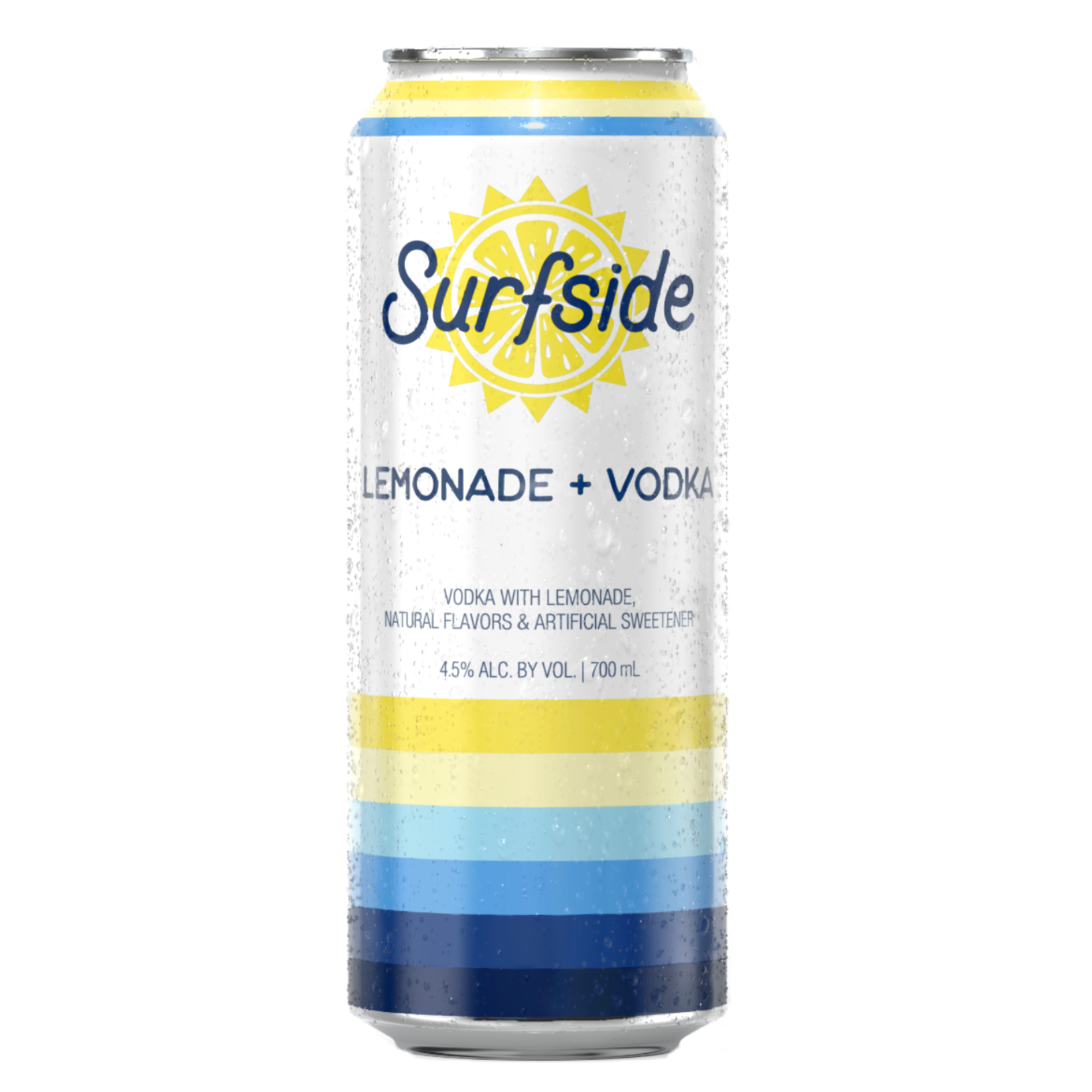 Surfside Lemonade and Vodka 700 mL can with brand elements and stripes on a white background