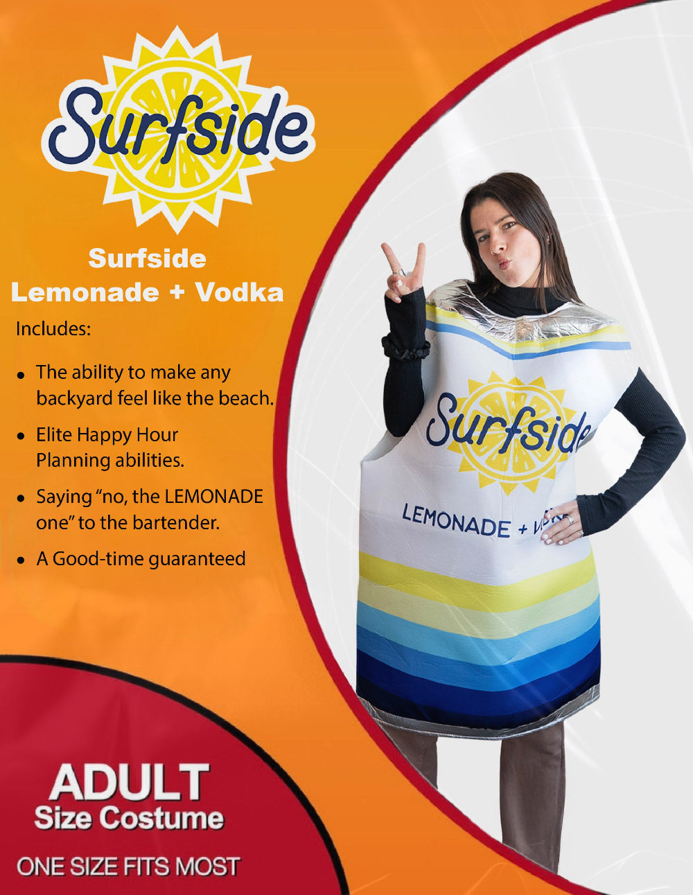 Surfside Lemonade + Vodka costume with promotional text on an orange and white background
