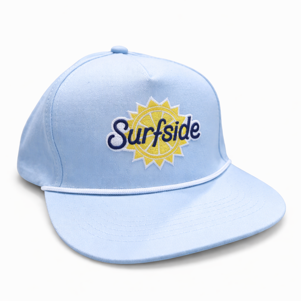 Light blue hat with rope brim with 'Surfside' logo on a white background