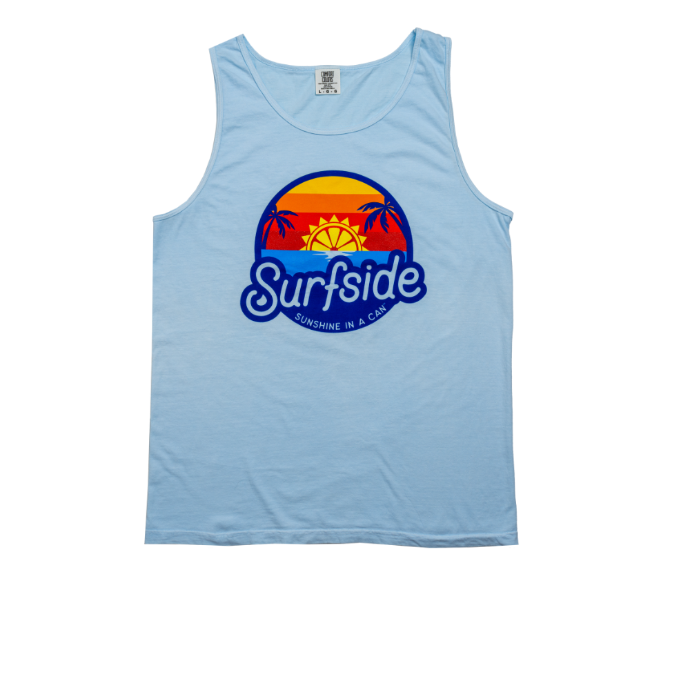 A blue tank top with a 'Surfside' logo printed in the center, featuring a sun and palm tree design.