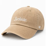 Cream 47' Brand hat with minimalist white Surfside text on a white background