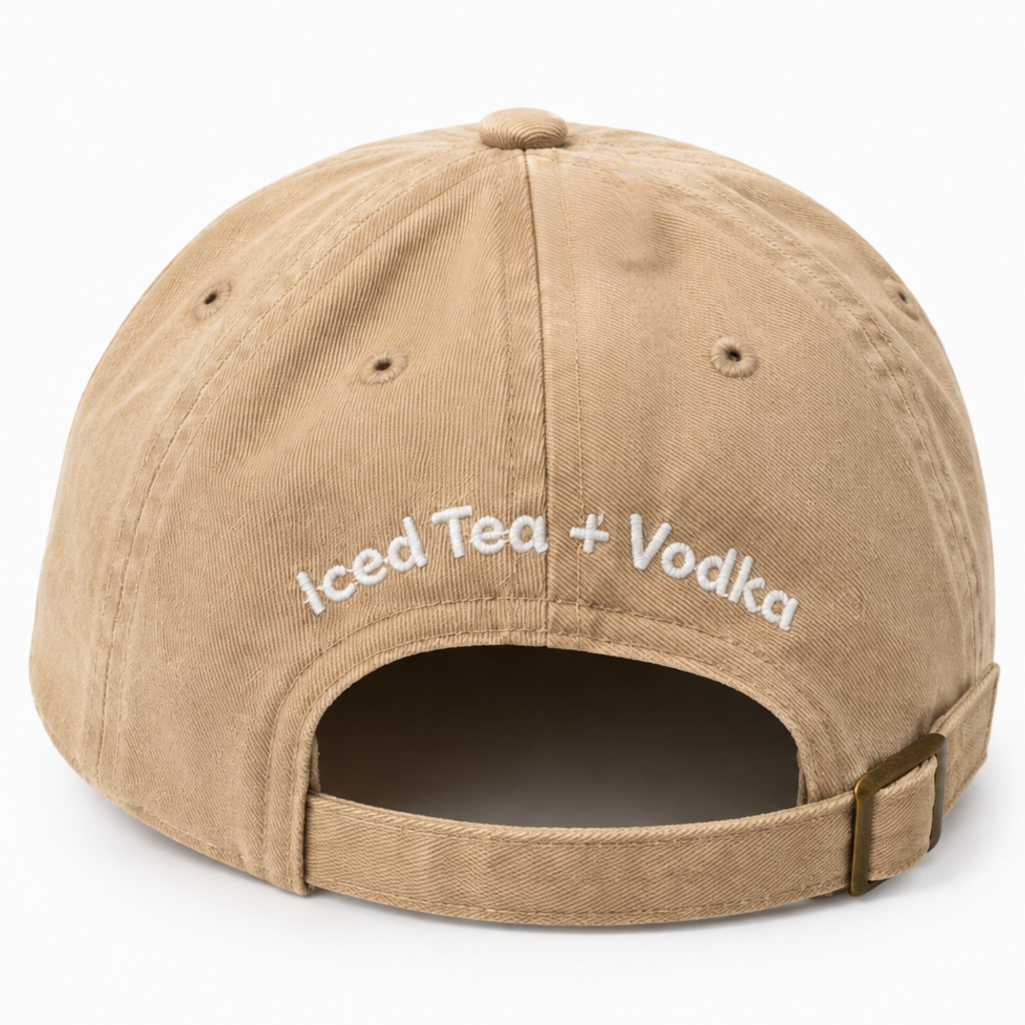 Back of the cream Surfside minimalist hat with Iced Tea + Vodka text above the bottom of the hat on a white background