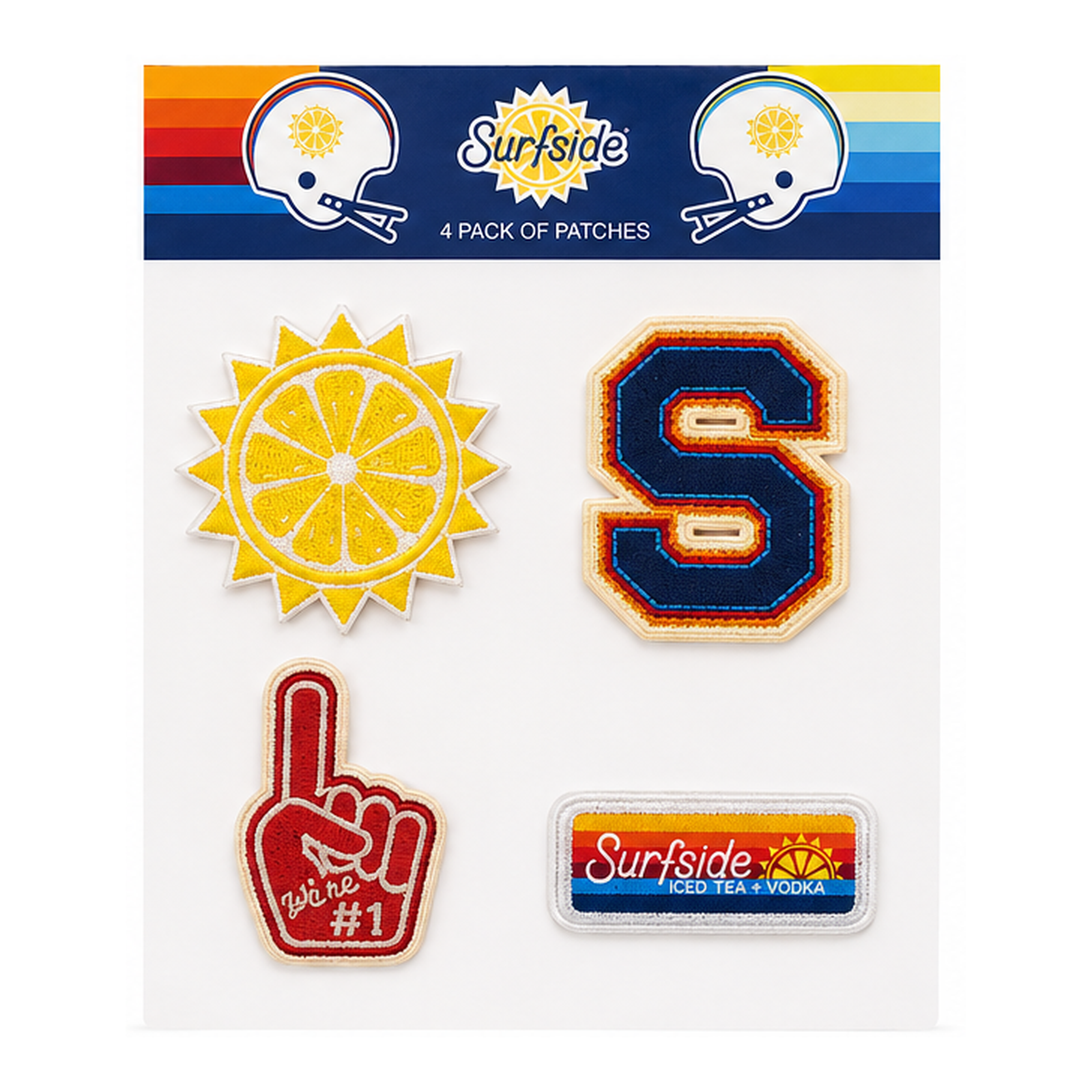 4 Surfside embroidered themed patches on a white Surfside's headed back card. Featuring a Sun, and 