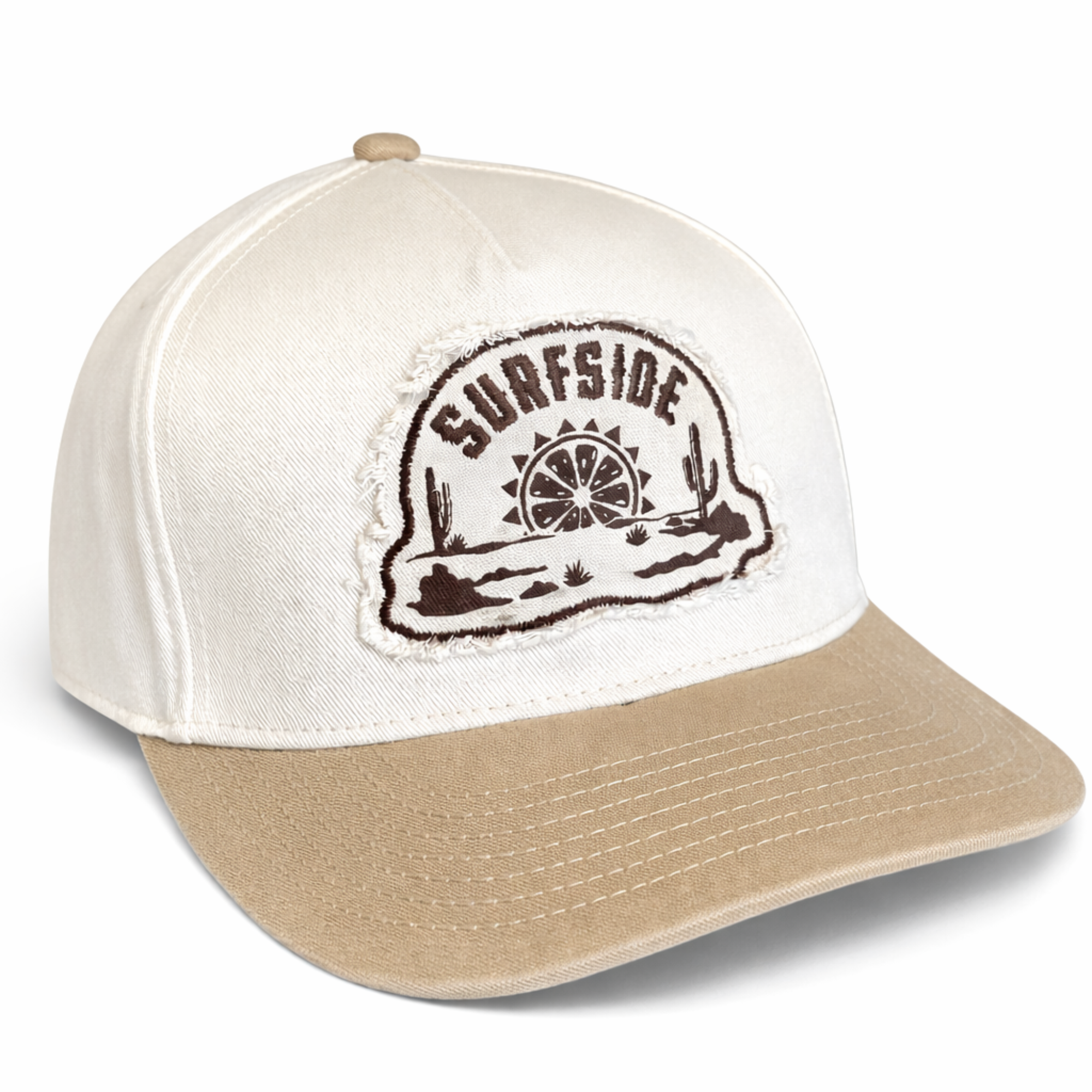 White and beige cap with 'Surfside' embroidered patch logo on a white background