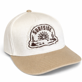 White and beige cap with 'Surfside' embroidered patch logo on a white background