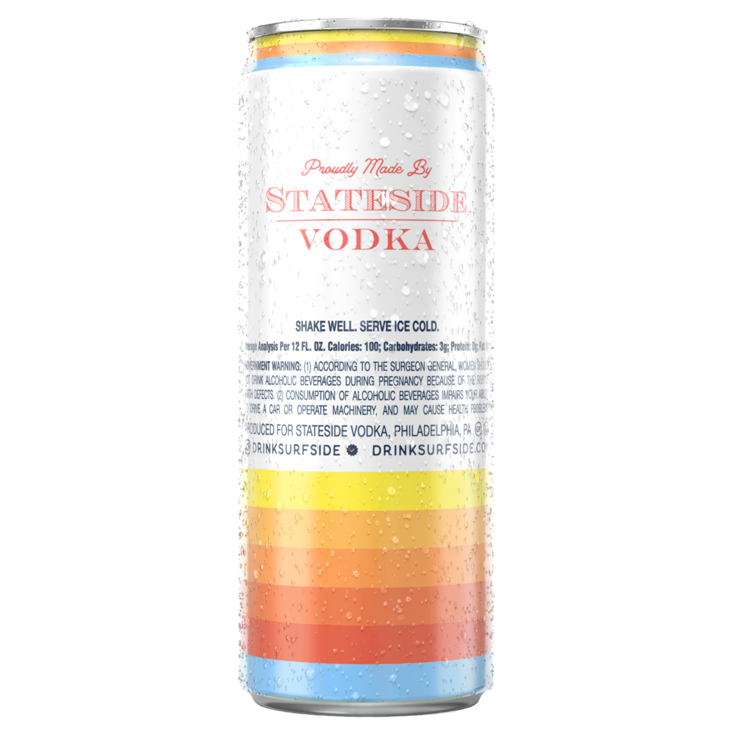 Back of the Surfside Peach Tea and Vodka can with a colorful stripped design. 