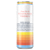 Back of the Surfside Peach Tea and Vodka can with a colorful stripped design. "Proudly Made by Stateside Vodka" logo near the top of the can laying on a white background
