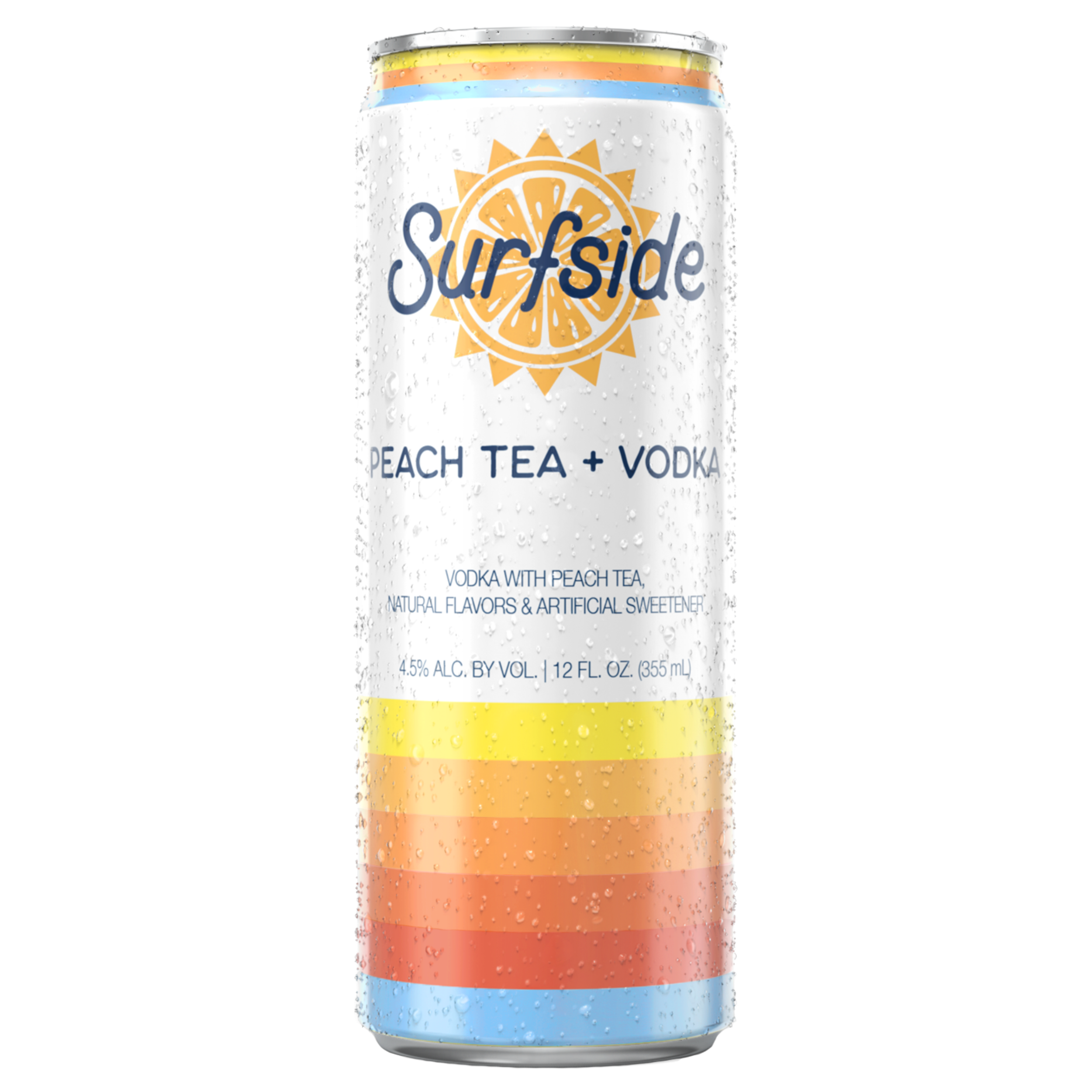 Surfside Peach Tea + Vodka 12 fl oz  can with a blue Surfside logo and brand elements  