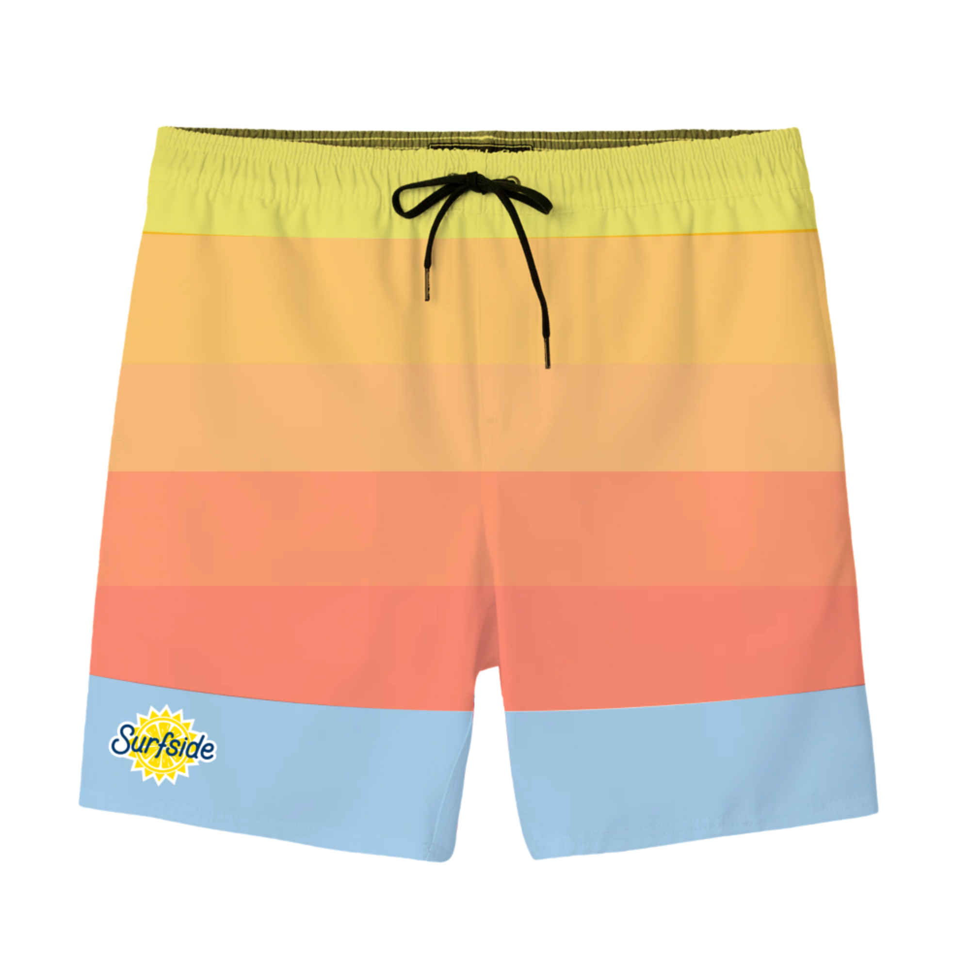 Surfside Peach Tea and Vodka branded  striped swim trunks with a Surfside brand logo on a white background