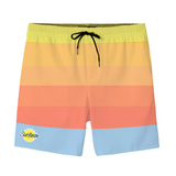 Surfside Peach Tea and Vodka branded  striped swim trunks with a Surfside brand logo on a white background