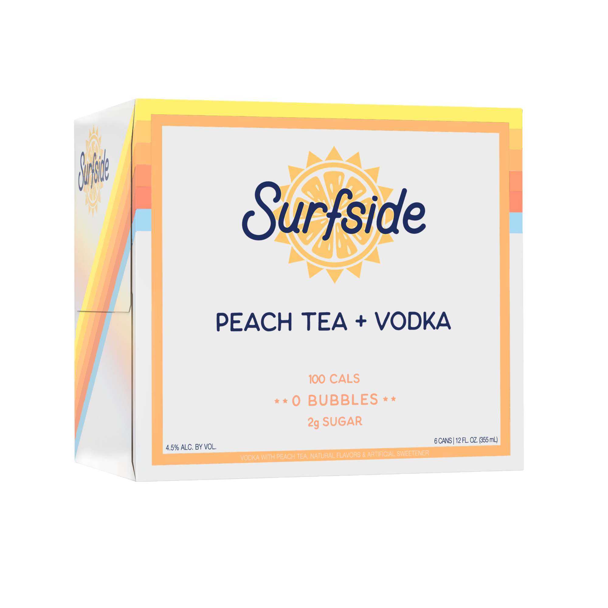Surfside Peach Tea + Vodka 6 pack case on a white background