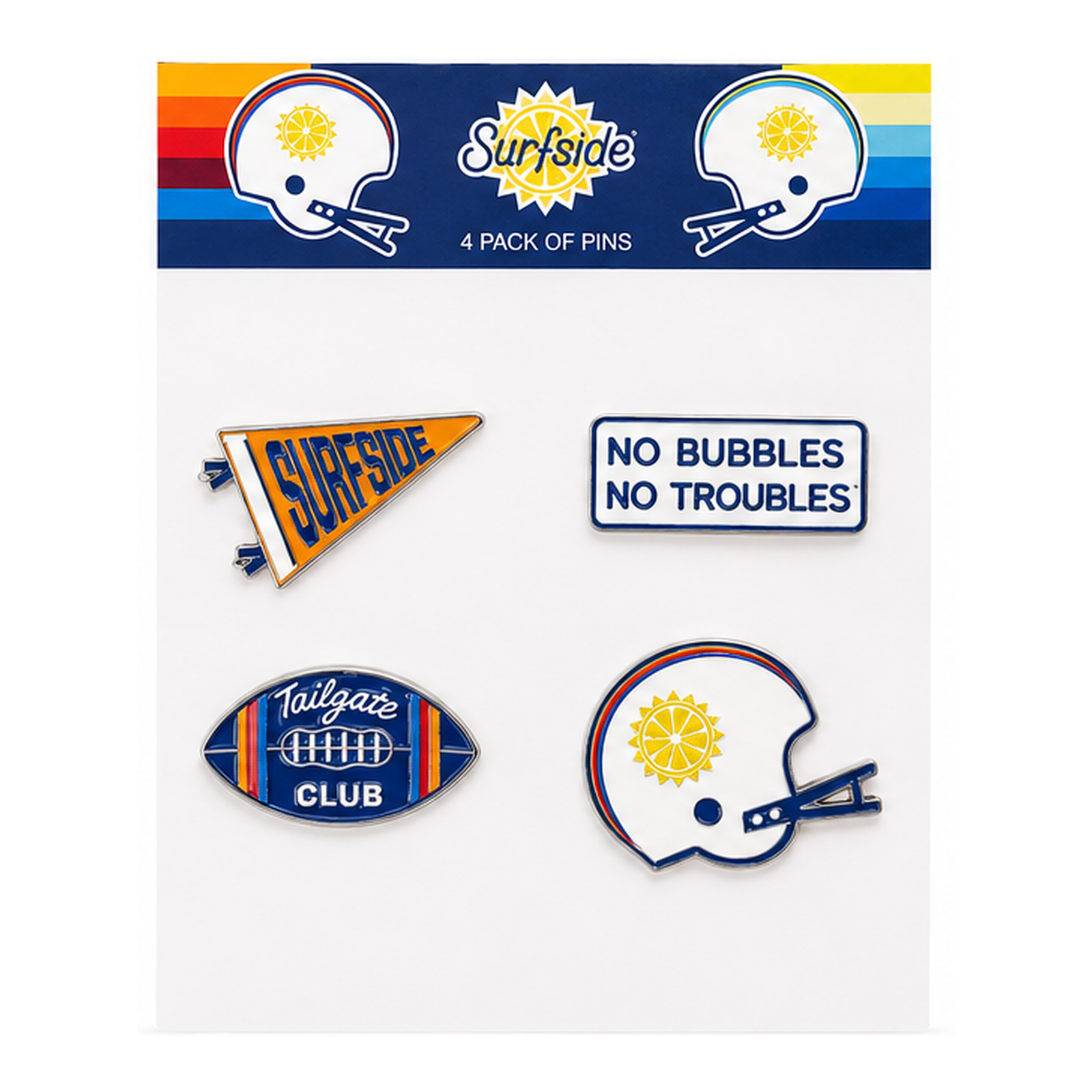 4 UV Print, enamel Surfside branded pins on a white backcard with a Surfside header. Theme being tailgate and football featuring a pennant flag, a 