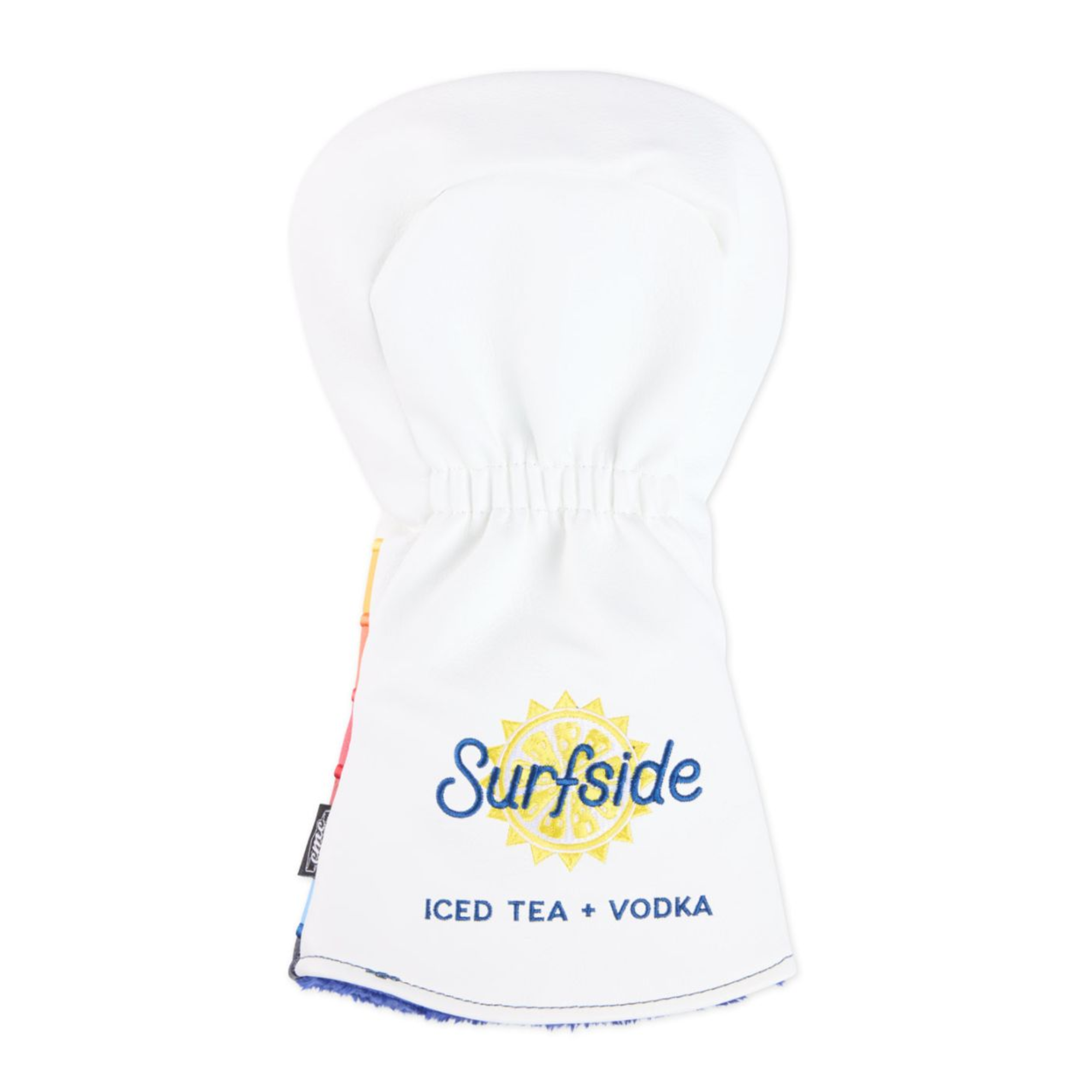 A white golf tees headcover featuring a printed Surfside logo with a yellow sun graphic and the text 'ICED TEA + VODKA' in blue, shown against a plain white background.