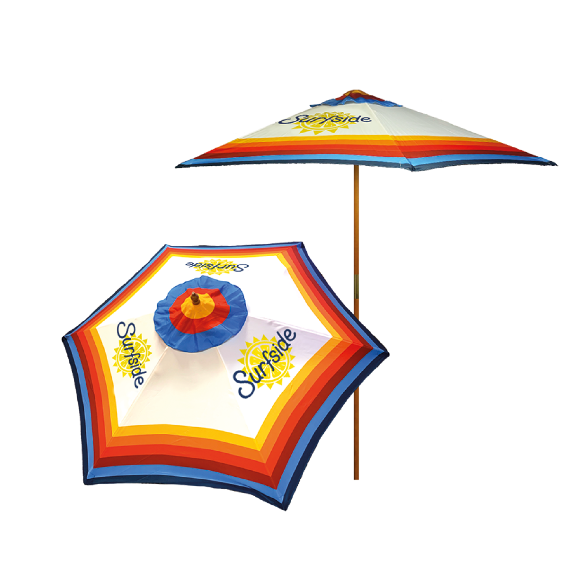 A beach umbrella shown from two angles on a plain white background: one closed view displaying the canopy with rainbow stripes and the Surfside logo, and one open view showing the pole, canopy, and a matching small umbrella insert in the center.