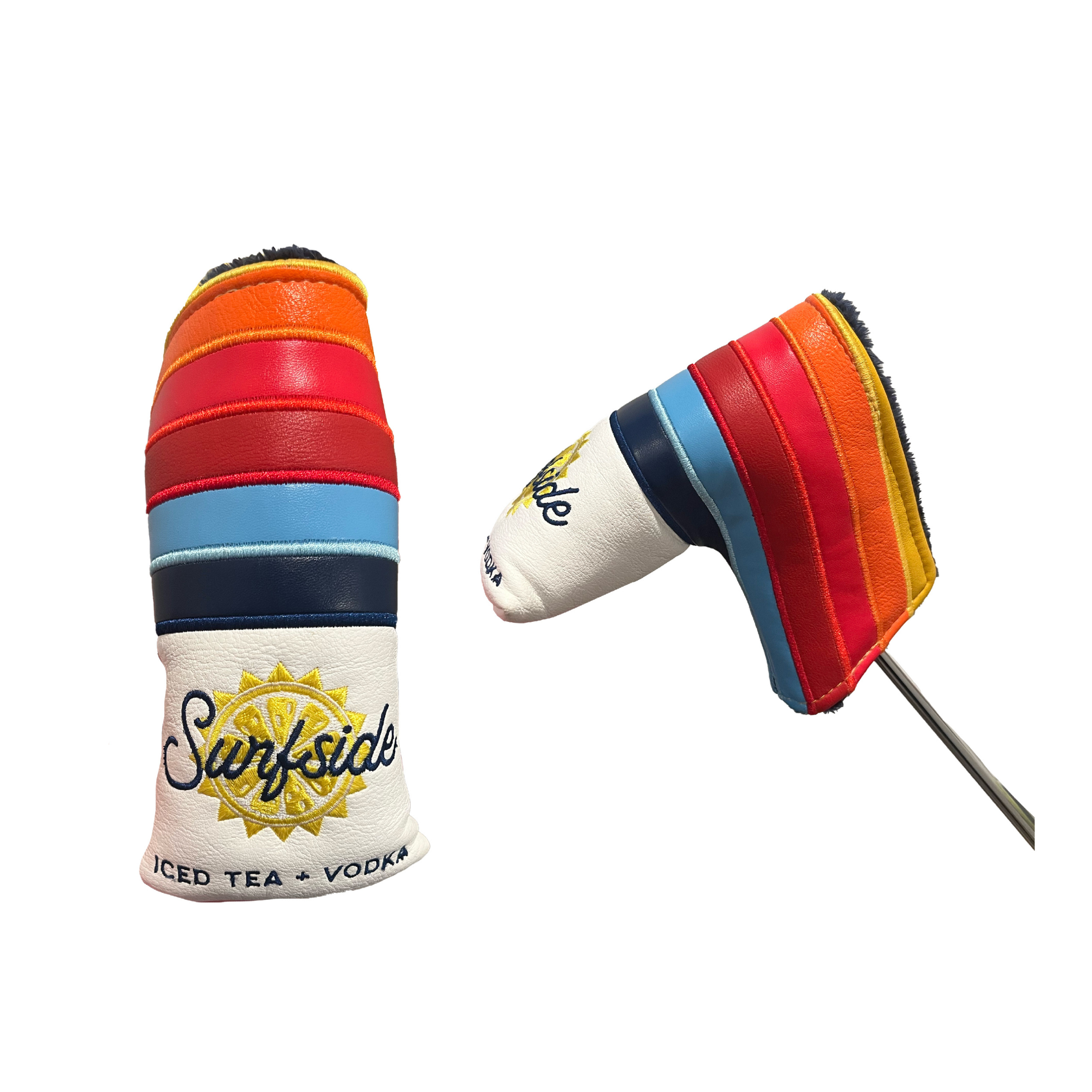 A colorful putter cover with vertical stripes and the Surfside logo, displayed both closed and open with a magnetic closure.