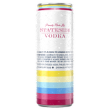 Back of the Raspberry Lemonade and Vodka can with a colorful stripped design. "Proudly Made by Stateside Vodka" logo near the top of the can laying on a white background