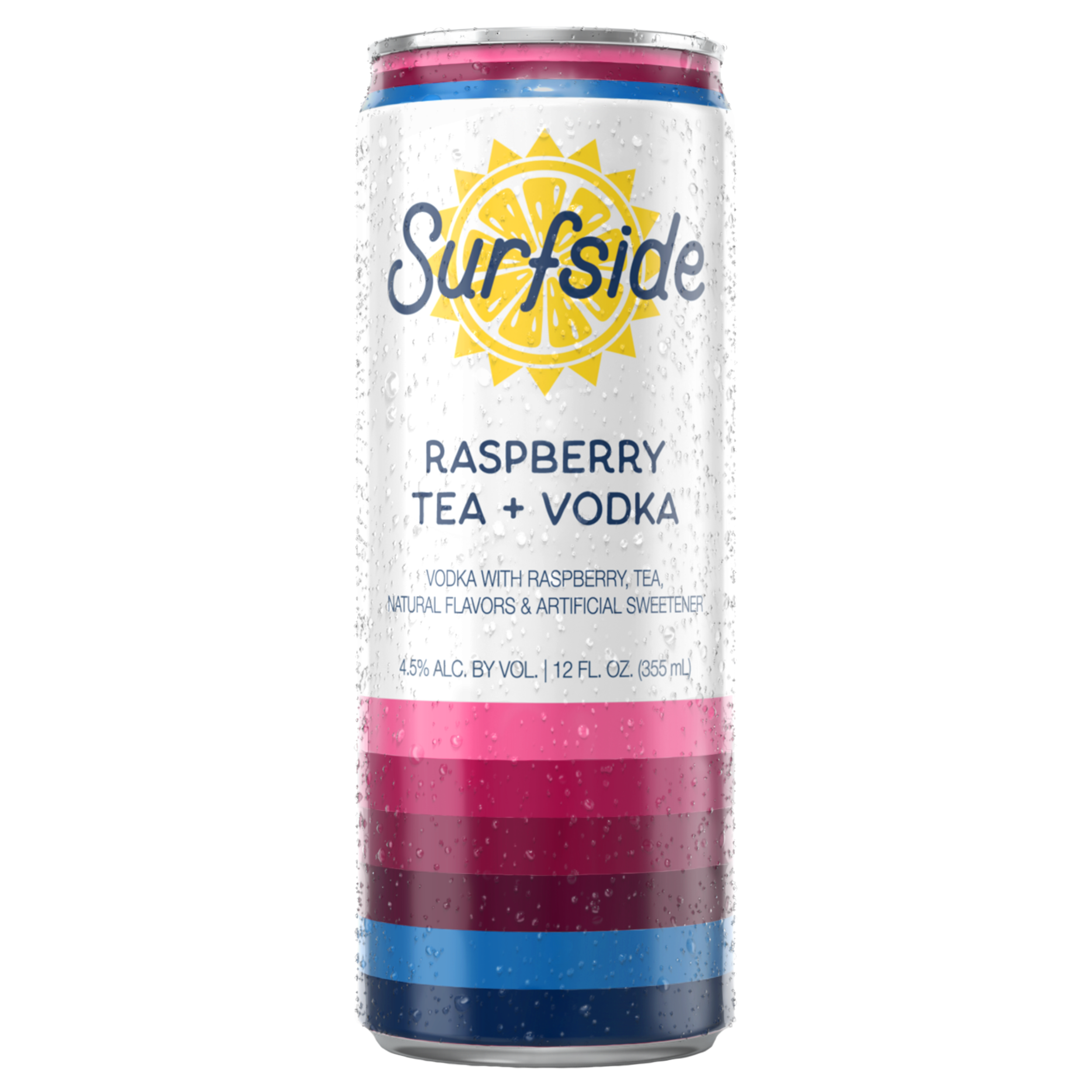 Surfside Raspberry Tea and Vodka 12 fl oz can with a yellow Surfside logo and brand elements 


