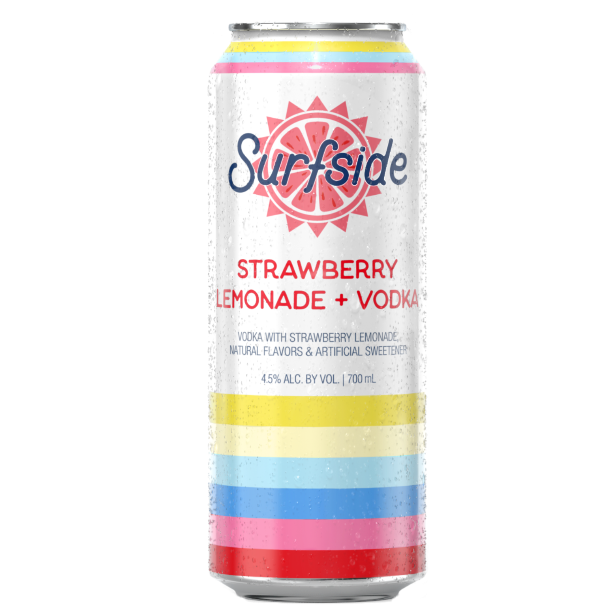Surfside Strawberry Lemonade + Vodka can with colorful design on a white background. Featuring text details about natural flavors and sweeteners, 4.5% alcohol by volume and 700mL can