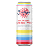 Surfside Strawberry Lemonade + Vodka can with colorful design on a white background. Featuring text details about natural flavors and sweeteners, 4.5% alcohol by volume and 700mL can