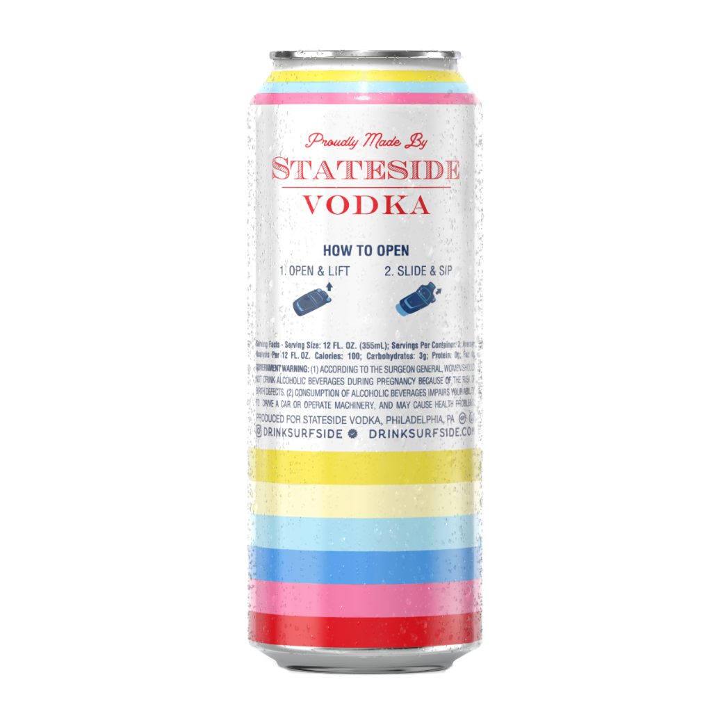 Surfside Strawberry Lemonade 700mL can back featuring opening instructions, ingredients and text reading 