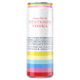 Back of the Strawberry Lemonade and Vodka can with a colorful stripped design. "Proudly Made by Stateside Vodka" logo near the top of the can laying on a white background