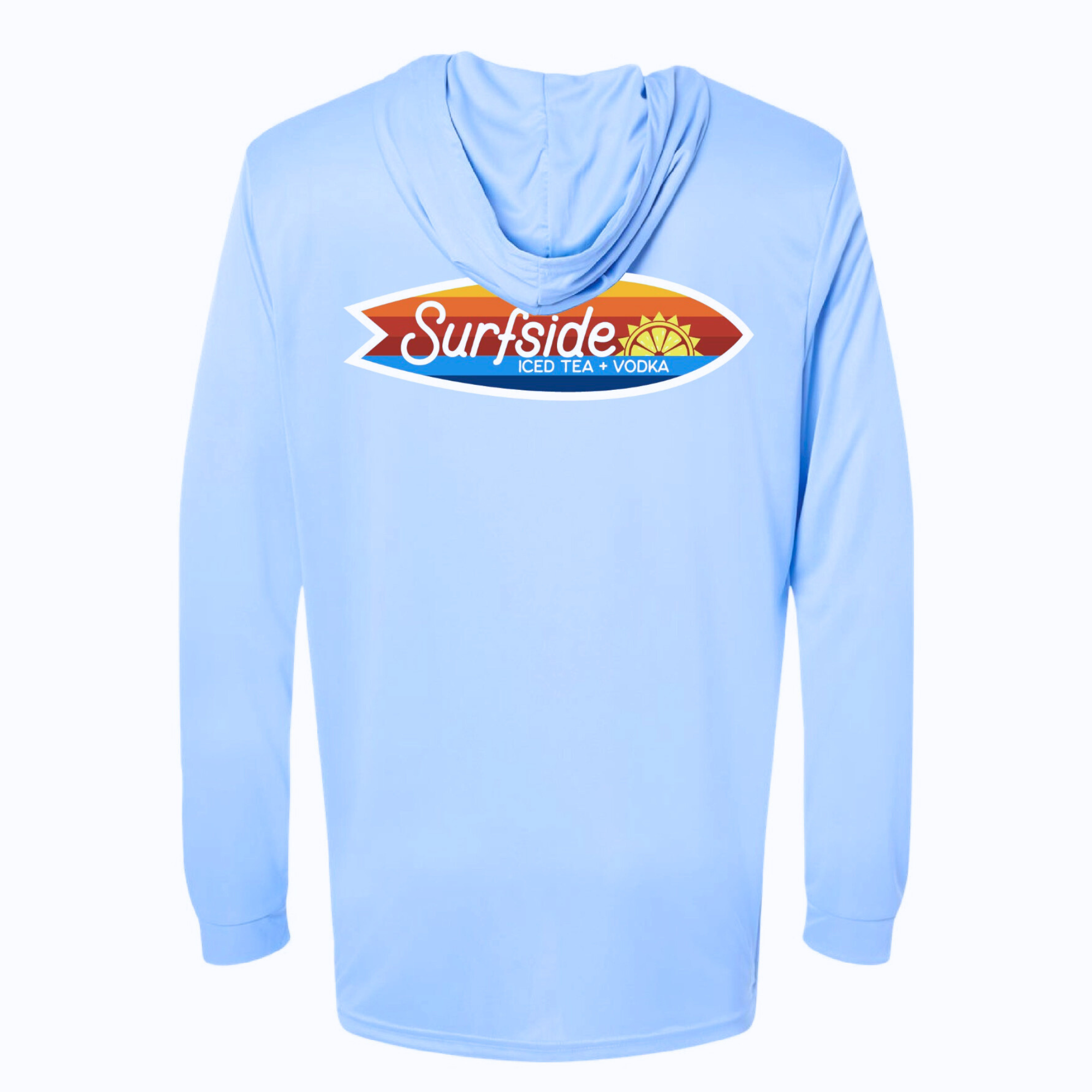 Light blue hooded long sleeve sun shirt with 'Surfside' logo on a white background