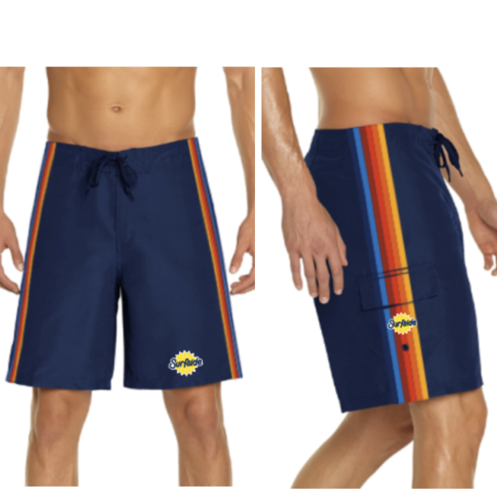 A pair of navy blue board shorts with a vertical red, yellow, and blue stripe on the side, featuring a drawstring waist and side pockets and the Surfside logo on the left leg.