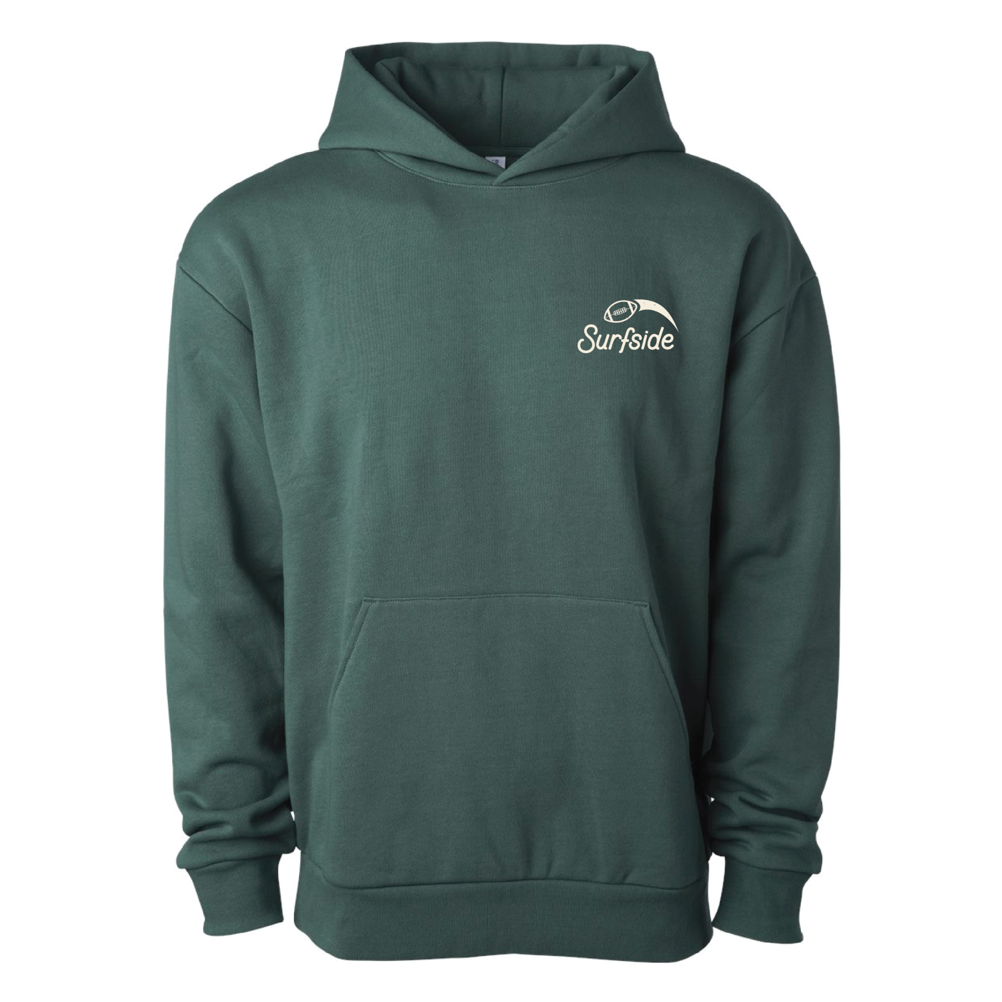 Front of the Surfside Tailgate Green hoodie on a white background