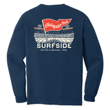 Back of the Surfside Tailgate navy long sleeve shirt. Featuring a Surfside themed football field, a red flag that says "Tailgate Club" and the "Surfside Iced Tea & Lemonades + Vodka" script at the bottom of the t-shirt. This is laying on a white background.