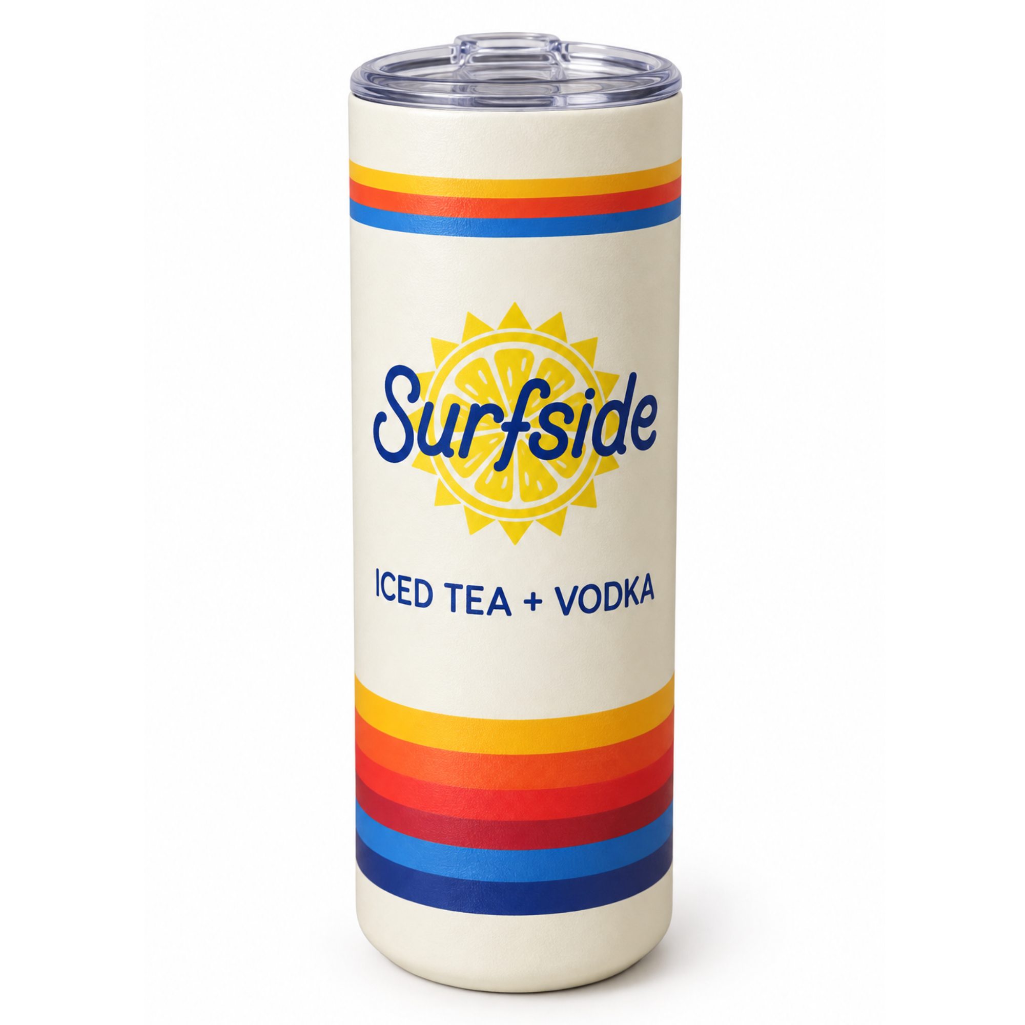 A Surfside Iced Tea + Vodka tumbler with a cream-colored body, retro yellow, orange, and blue stripes, and a clear lid, shown on a white background.