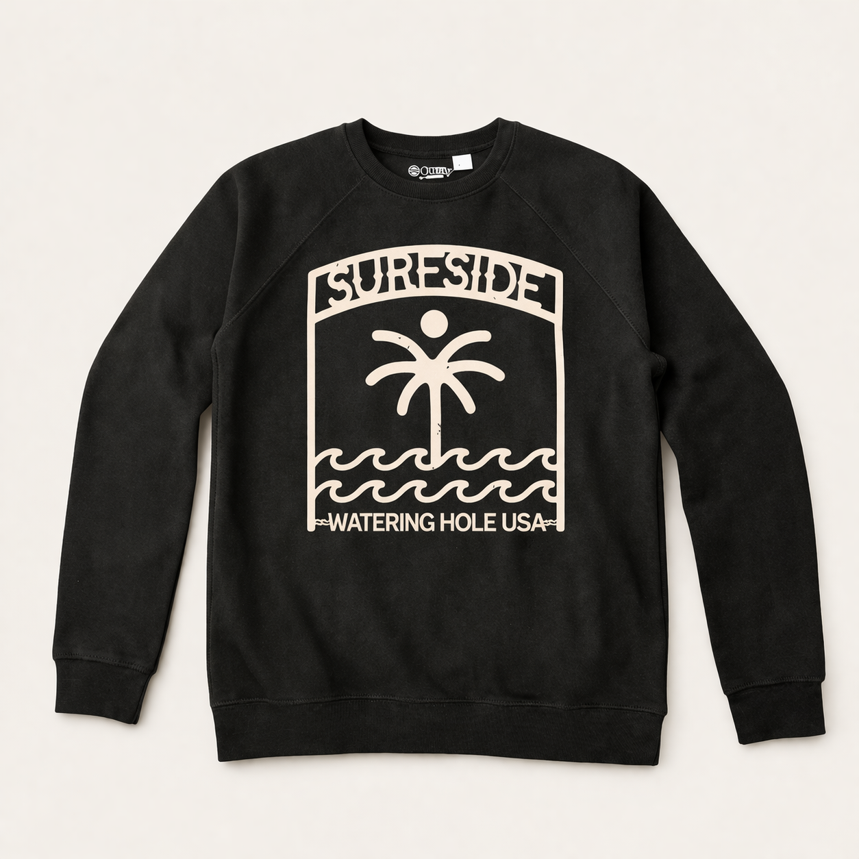 Black Surfside Watering Hole crewneck  sweatshirt with white graphic design saying 