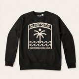 Black Surfside Watering Hole crewneck  sweatshirt with white graphic design saying "Surfside Watering Hole USA" on a white background 